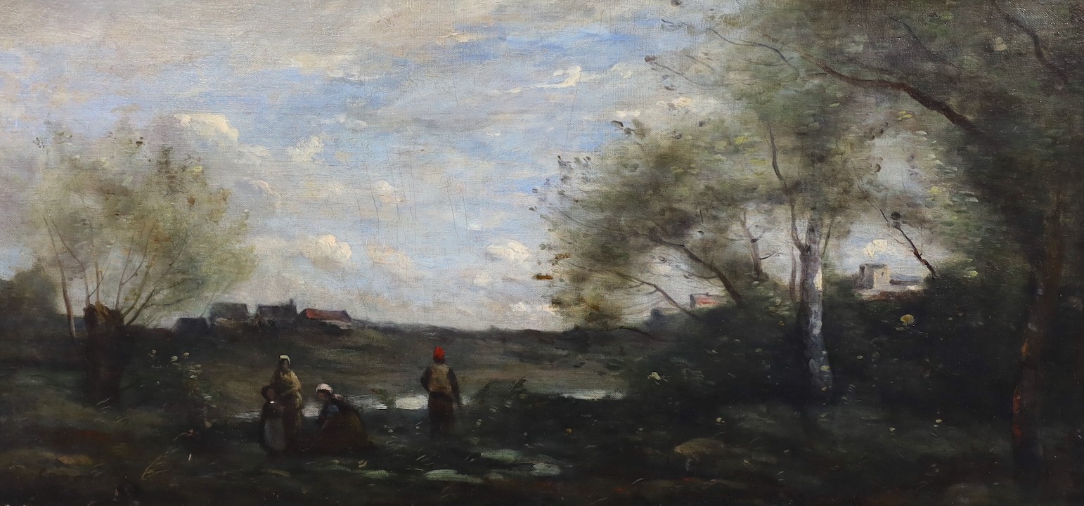 Circle of Jean-Baptiste-Camille Corot (French, 1796-1875), Pastoral landscape with figures, oil on canvas, 38 x 78cm